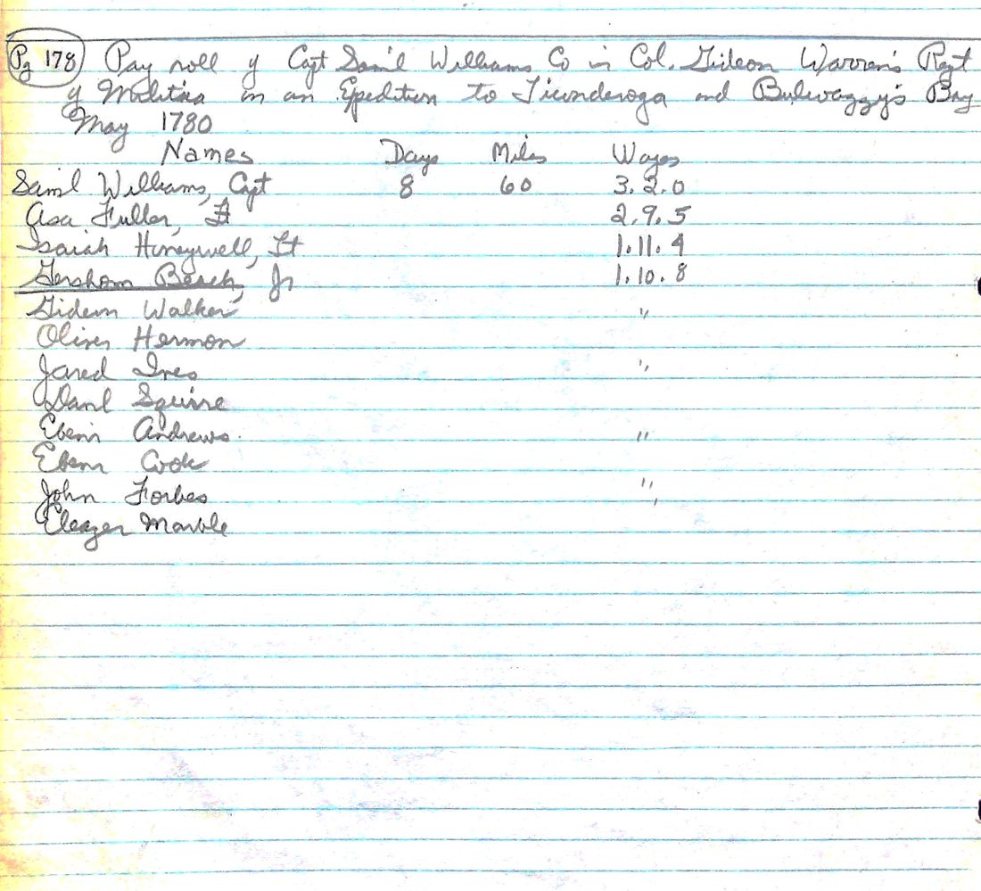 WILLIAMS' Co. payroll 3 1780 - [Ticonderoga, Bulwagga Bay]